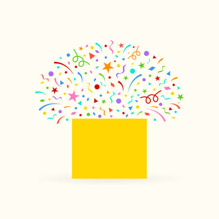 Gift box icon with confetti. Surprise package. Opened present box with fireworks. Christmas, Birthday celebration, Party, greeting card design element. Vector illustration.のイラスト素材