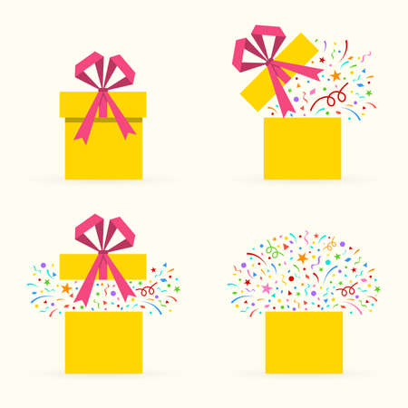 Gift box icon set with confetti. Surprise package with ribbon and bow.のイラスト素材