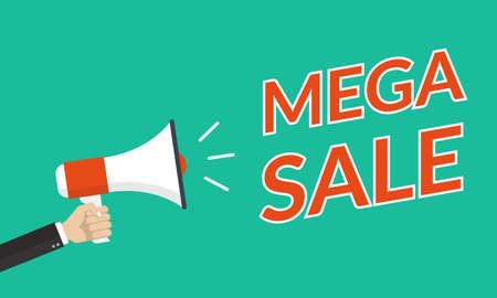 Sale banner, poster or flyer concept with hand is holding a megaphone or loud speaker. Mega sale, discount, promotion and advertising design template. Vector illustration.のイラスト素材