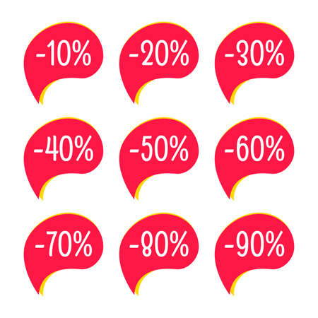 Sale sticker set. 10,20,30,40,50,60,70,80,90 percent price off discount label or tag. Promo badge for advertising design. Vector illustration.のイラスト素材