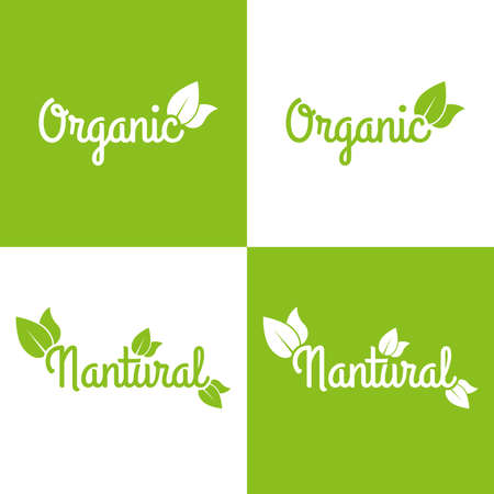 Organic and natural logo or label set. Healthy food and product icons with green leaf. Vector illustration.のイラスト素材