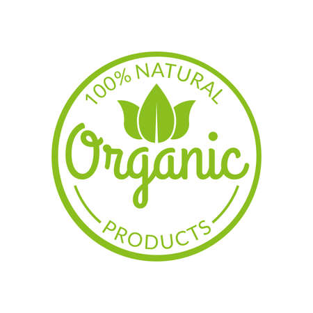 Organic icon or stamp. Natural products label with green leaves. Vector illustration.のイラスト素材