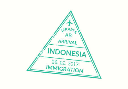 Indonesia passport stamp. Visa stamp for travel. Jakarta international airport grunge sign. Immigration, arrival and departure symbol. Vector illustration.のイラスト素材