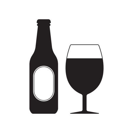 Beer bottle with glass icon. Alcohol drink silhouette. Vector illustration.のイラスト素材
