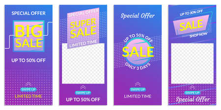 Stories Sale banner design templates. Discount Frames for Smartphone story. Social Media layout with Swipe Up button. Special offer and Price off coupon. Vector illustration.のイラスト素材