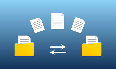 File transfer. Copy or Exchange paper document or file from one folder to another folder. Vector illustration.のイラスト素材