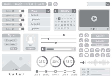 Ui kit design for app, web and mobile. Website interface template with buttons, icons, menu forms. Vector illustration.のイラスト素材