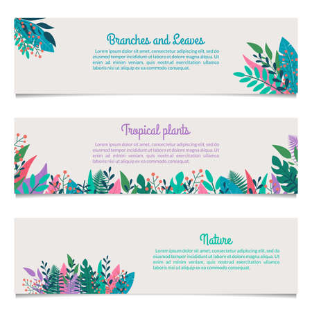 Horizontal banner set with leaves and green plants. Spring and summer design with space for text. Leaf and tree branches background. Template for nature header, poster or flyer. Vector illustration.のイラスト素材