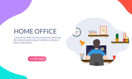 Home office banner design. Workplace with desk and computer. Freelancer workspace concept. Man working or learning at the table. Vector illustration.のイラスト素材