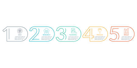 5 steps info graphic for business presentation. Timeline infographics template with outline numbers. Five parts or options for workflow layout design. Vector illustration.のイラスト素材