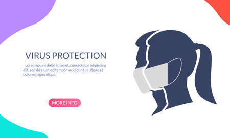 Virus protection banner with Man and Woman profile face silhouette in medical mask. Coronavirus prevention concept. Vector illustration.のイラスト素材