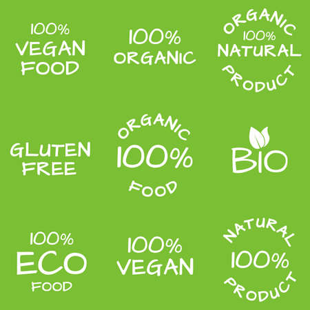 Organic food, natural products icon set. Eco, Bio and Vegan hand drawn labels or logos. Gluten free badge. Vector illustration.のイラスト素材