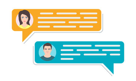 Chat background. Online messages on the screen. Man chatting with woman. Male and female avatars and...