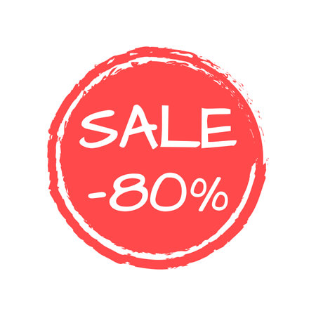 Sale sticker or icon. 80 percent price off discount label or tag with grunge texture. Hand drawn promo badge for advertising design. Vector illustration.のイラスト素材