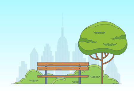 City park background. Garden landscape with bench, green tree and cityscape. Public park emblem. Vector illustration.のイラスト素材