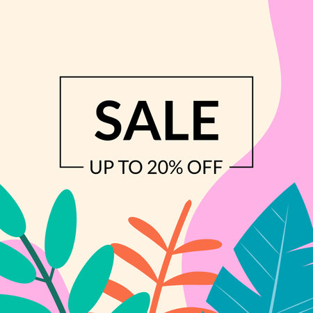 Sale banner template with leaves. Floral discount background with price off for promo card, flyer or poster. Spring and summer Social media backdrop for ad. Vector illustration.のイラスト素材