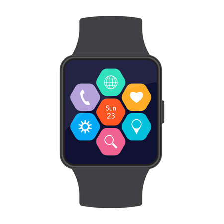 Smart watch with app icons on the screen. Smartwatch concept. Vector illustration.のイラスト素材