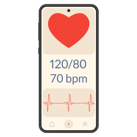 Smart phone with heartbeat or pulse tracker app and blood pressure monitor. Fitness application deign for smartphone. Health care check app with Heart beat line and Pulse trace. Vector illustration.のイラスト素材
