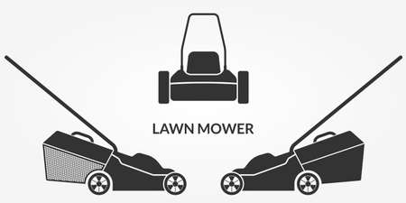 Lawn mower icon set. Lawnmower silhouettes. Grass care machine. Vector illustration.のイラスト素材