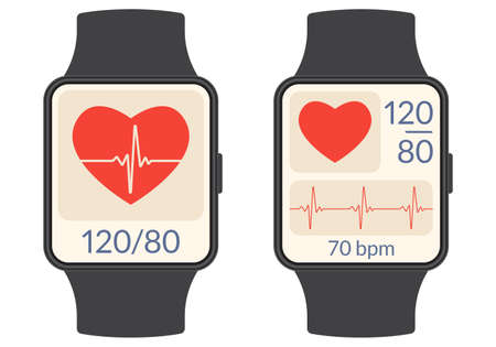 Smart watch with heartbeat rate or pulse tracker app and blood pressure monitor. Fitness application deign for smartwatch. Health care check with Heart beat line and Pulse trace. Vector illustration.のイラスト素材