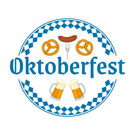 Oktoberfest logo, badge or label with beer mugs, pretzel and sausage. Beer festival poster or banner design elements. German fest sign or stamp. Vector illustration.のイラスト素材