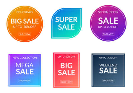 Sale sticker or label set. Price off tag and badge collection with colorful gradient. Discount and promotion icons. Vector illustration.のイラスト素材