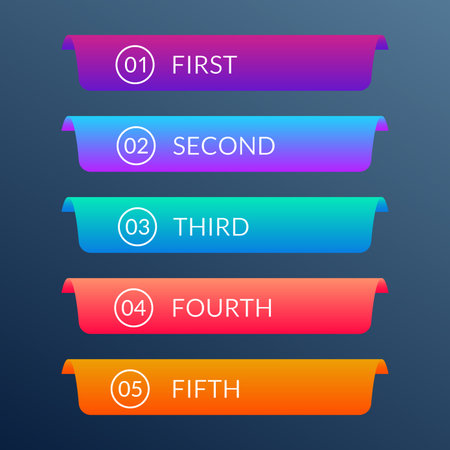 Infographic banners with 5 ribbons. Labels or tabs design with 5 options, levels or steps and space for text. Graphic elements for web, information brochure and business presentation. Vector illustration.のイラスト素材