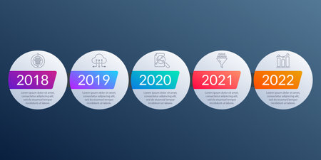 Timeline Infographic template with 5 steps, levels or options. Business design elements with icons for infographics, information brochure, presentation, banner, workflow layout. Vector illustration.のイラスト素材