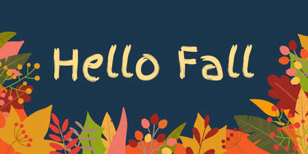 Hello Fall banner. Autumn season background with September, October and November leaves. Vector...