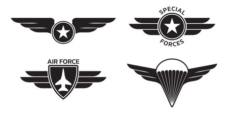 Military badge, army patch and insignia set with wings. Air and airforce emblems with eagle, star and plane. Vector illustration.のイラスト素材