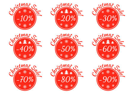 Christmas sale badge, tag or sticker set. Xmas discount label collection. 10,20,30,40,50,60,70,80,90 percent price off. Promo banner and advertising design elements. Vector illustration.のイラスト素材