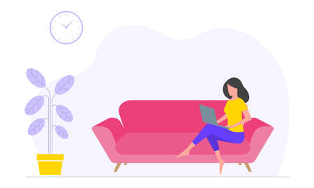 Woman sitting on a sofa or couch and working at a laptop. Home office, freelance or online studying concept. Vector illustration.のイラスト素材