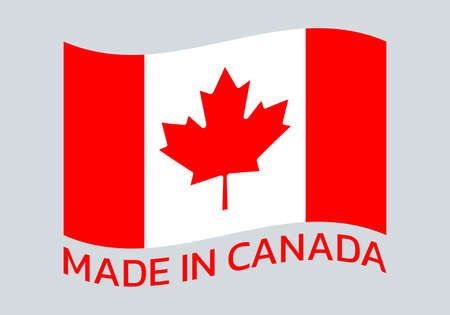 Made in Canada icon or logo with Canadian waving flag with maple leaf. Vector illustration.のイラスト素材