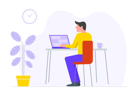 Man works at a computer at his desk in the office or at home. Back view. Modern business concept. Vector illustration.のイラスト素材