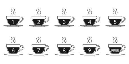 Coffee loyalty card concept with coffee cup icons. Buy 9 cups and get 1 for free. Cafe beverage promotion design template. Vector illustration.のイラスト素材