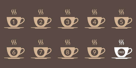 Coffee loyalty card concept with coffee cup icons. Buy 9 cups and get 1 for free. Cafe beverage promotion design template. Vector illustration.のイラスト素材