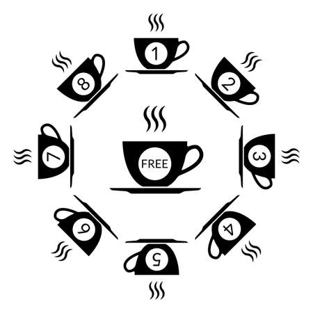 Coffee loyalty card concept with coffee cup icons. Buy 8 cups and get 1 for free. Cafe beverage promotion design template. Vector illustration.のイラスト素材