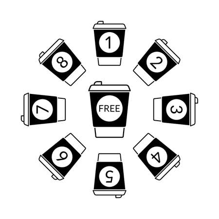 Coffee loyalty card concept with take away coffee cup icons. Buy 8 cups and get 1 for free. Cafe beverage promotion design template. Vector illustration.のイラスト素材