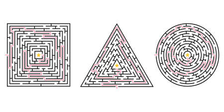 Labyrinth game set. Square, triangle and circle maze puzzles. Find the right way, path or solution. Vector illustration.のイラスト素材