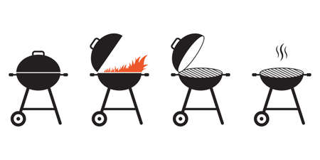 BBQ and grill icon set. Barbecue signs with fire and smoke. Picnic and outdoor cooking concept. Vector illustration.のイラスト素材
