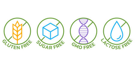 Gluten free, GMO free, sugar free, lactose free icon set. Product packaging labels. vector illustration.のイラスト素材