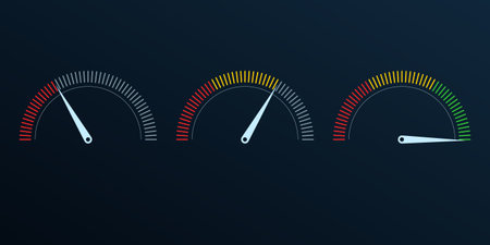 Gauge or meter indicator set. Speedometer icon with red, yellow, green scale and arrow. progress...