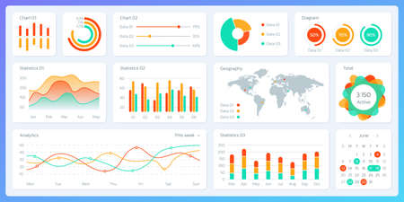 dashboard template. UI design with graph, chart, data, digram set. Modern infographic interface for web, website, financial report, admin panel, statistic and analysis app. vector illustration.のイラスト素材