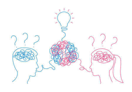 Man and woman dialogue with confused thoughts in their head and questions in their brain. brainstorm process. New idea, solution concept. Couple communication, relationship. vector illustration.のイラスト素材