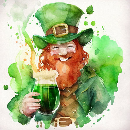 St Patricks day concept. Red haired fictional man with glass of green beer. watercolor AI generative illustration.の素材