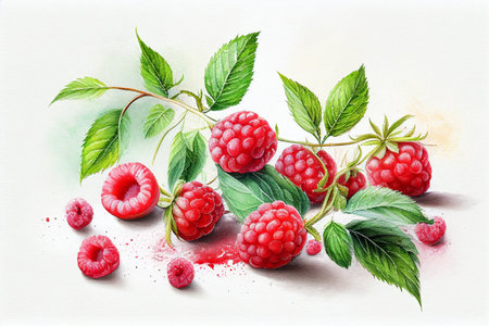 Raspberry twig on white paper background. Watercolor botanical AI generative illustration.の素材