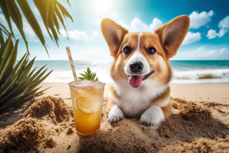 Summer vacation concept. Photorealistic corgi dog with cocktail on sandy beach. AI generative illustration.の素材