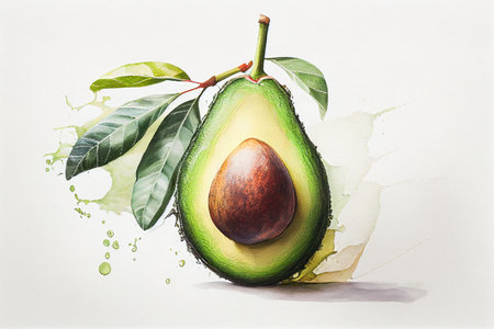 Fresh avocado on white paper background. Watercolor botanical AI generative illustrationの素材