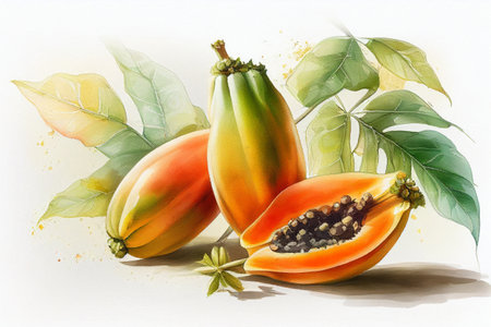 Papaya on white watercolor background. Botanical AI generative illustrationの素材