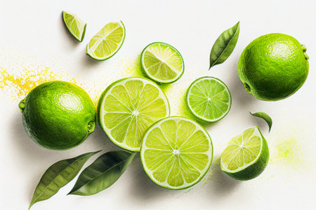 Ripe limes watercolor botanical AI generative illustration.の素材